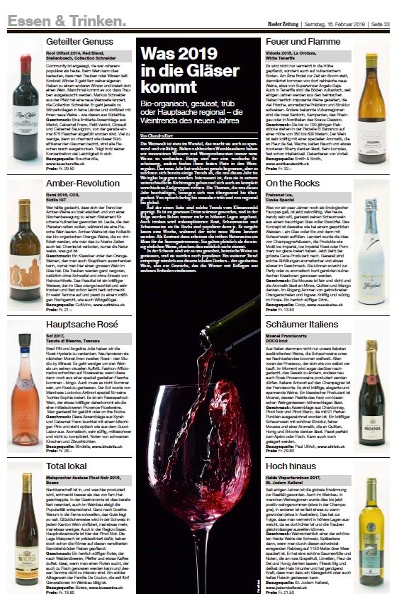 Bericht BaZ über Maispracher Auslese und Pinot Noir Jahrgang 2018 Buess Weinbau und Weinhandel AG Sissach